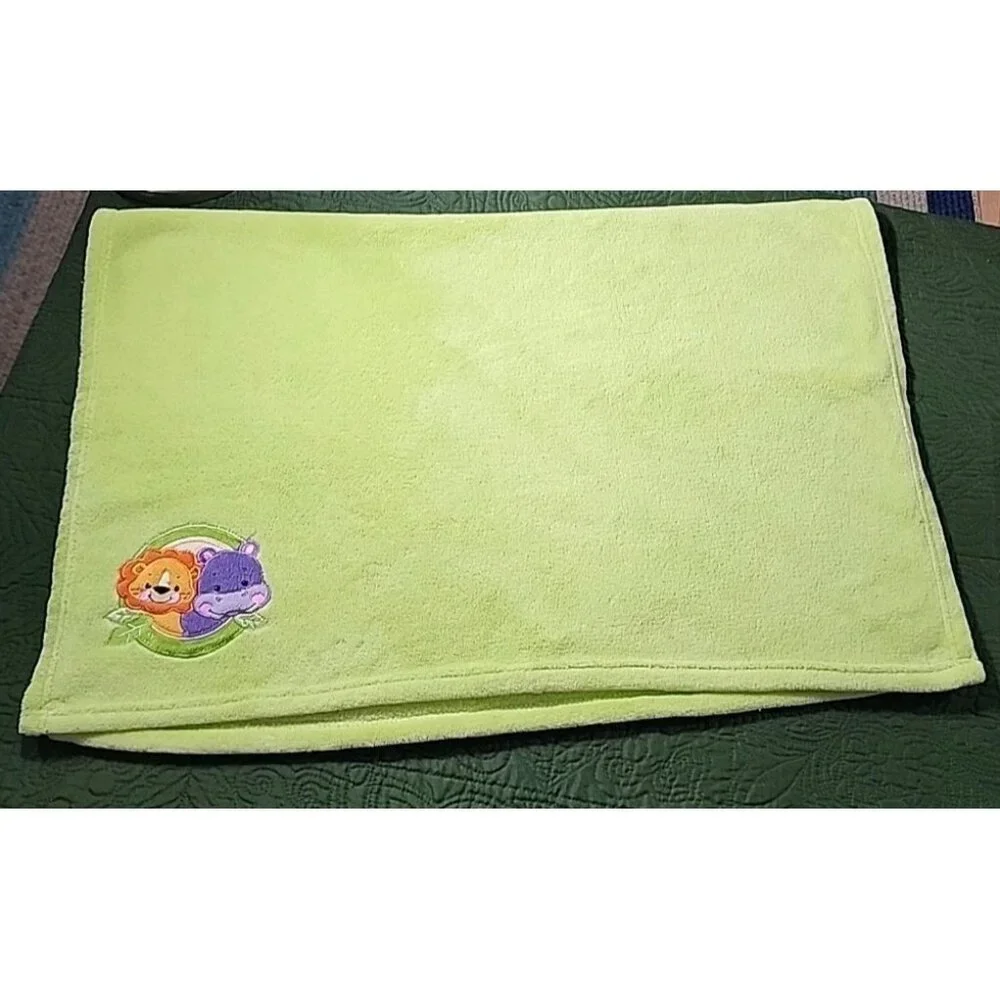 VTG Fisher Price baby blanket Green‎ fleece appliqued lion Hippo Zoo Jungle Cozy